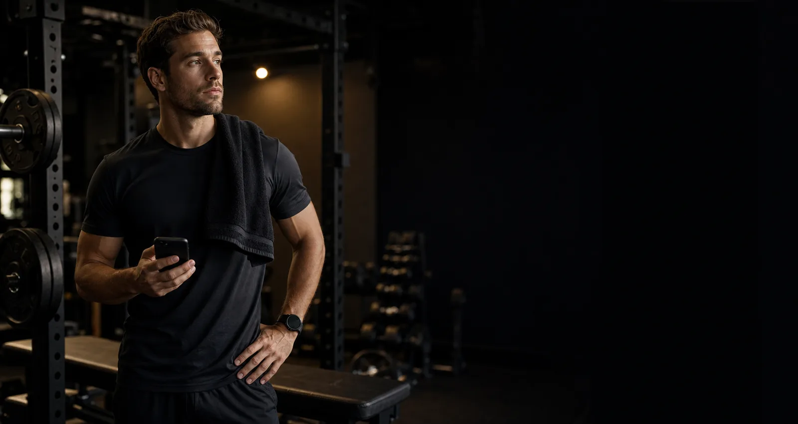 Man holding an iPhone after training beside a squat rack