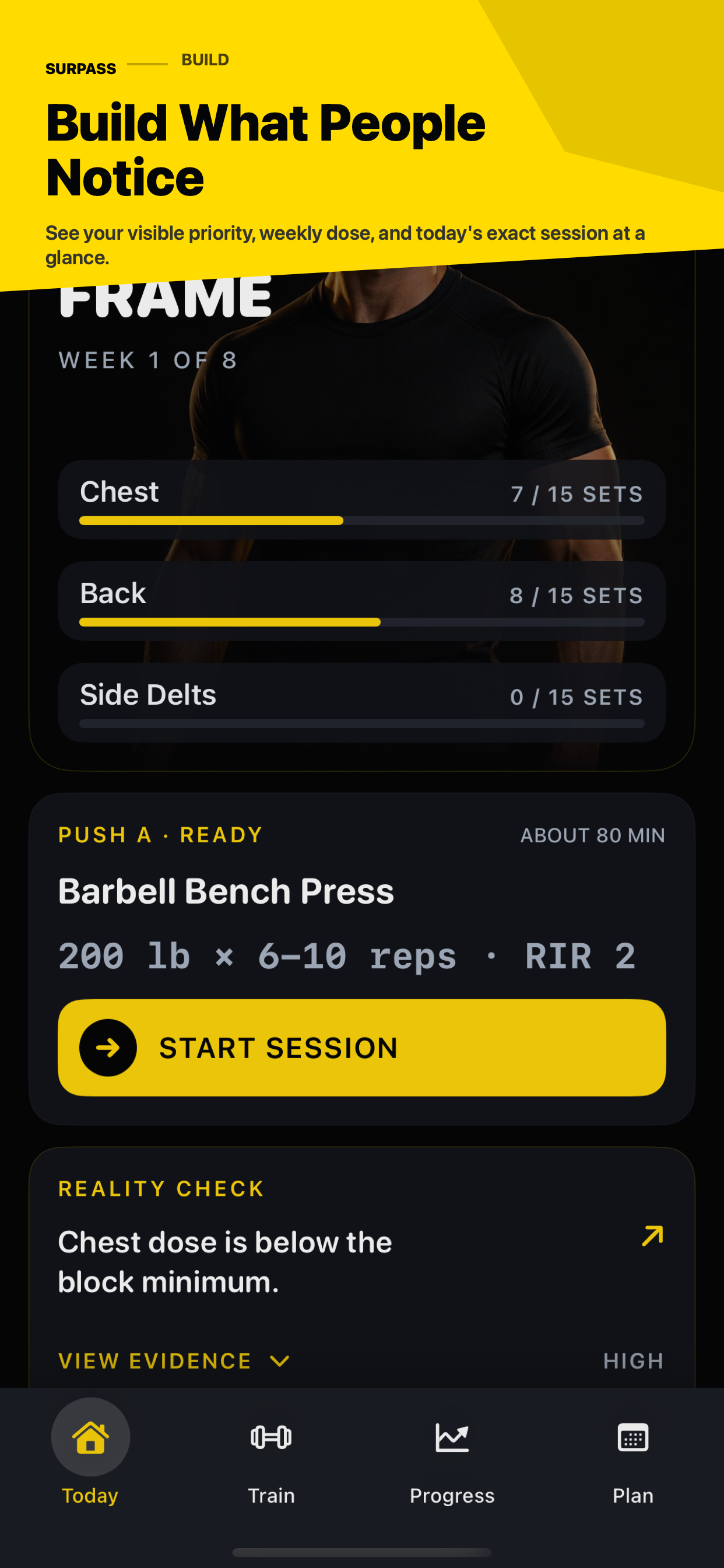 Surpass workout screen showing weekly muscle targets, a next-session target, and a start-session control