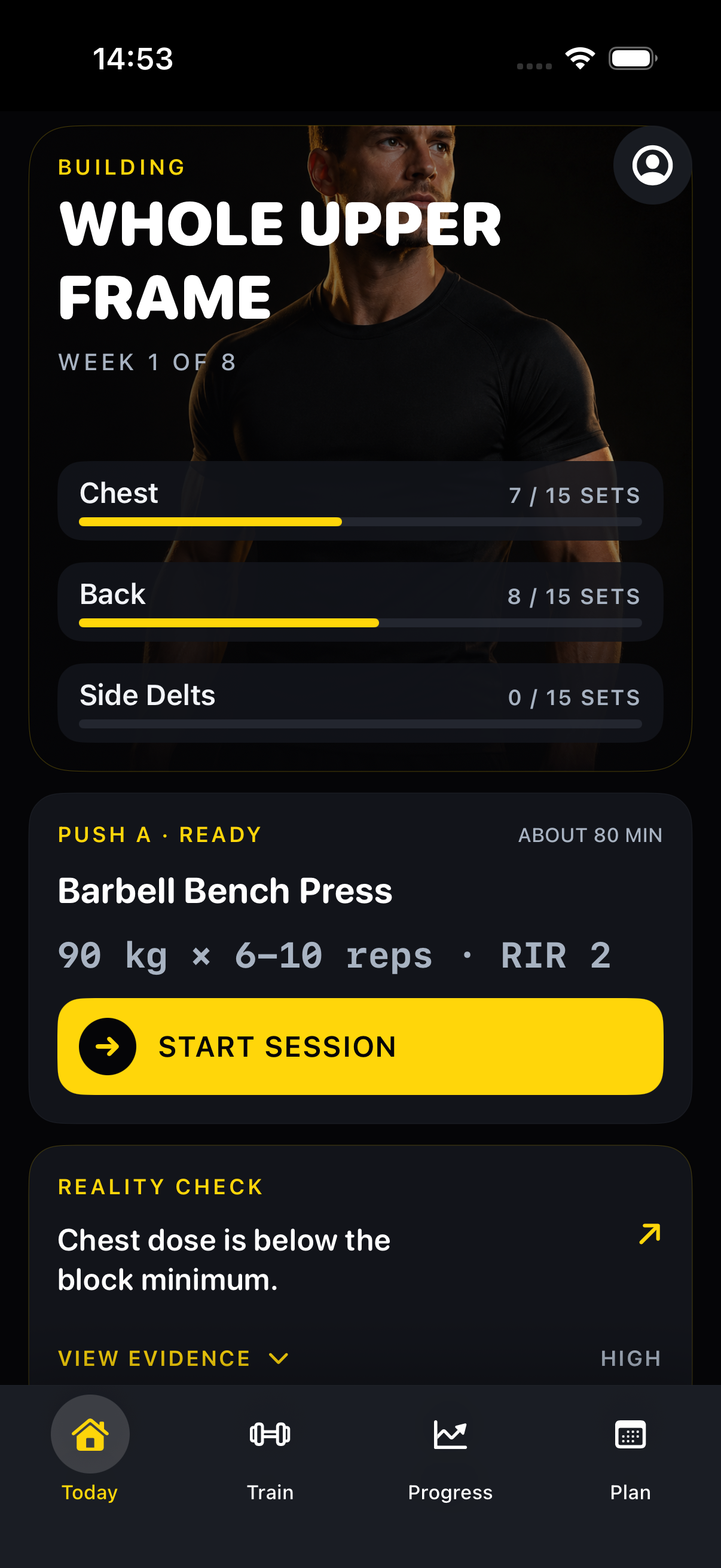 Surpass app preview showing the next session, load target, weekly coverage, and workout receipt